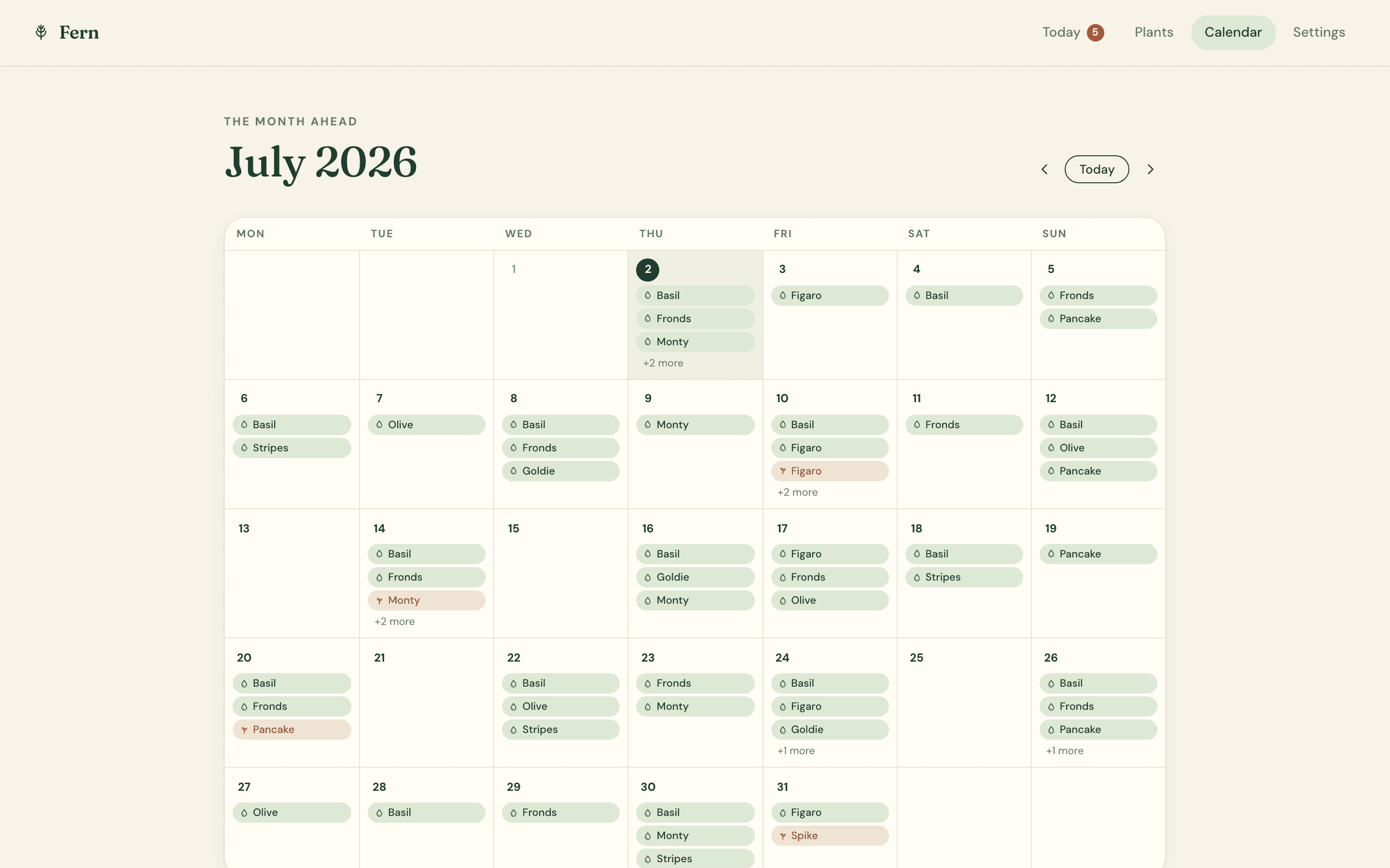 Fern — Calendar · The month ahead