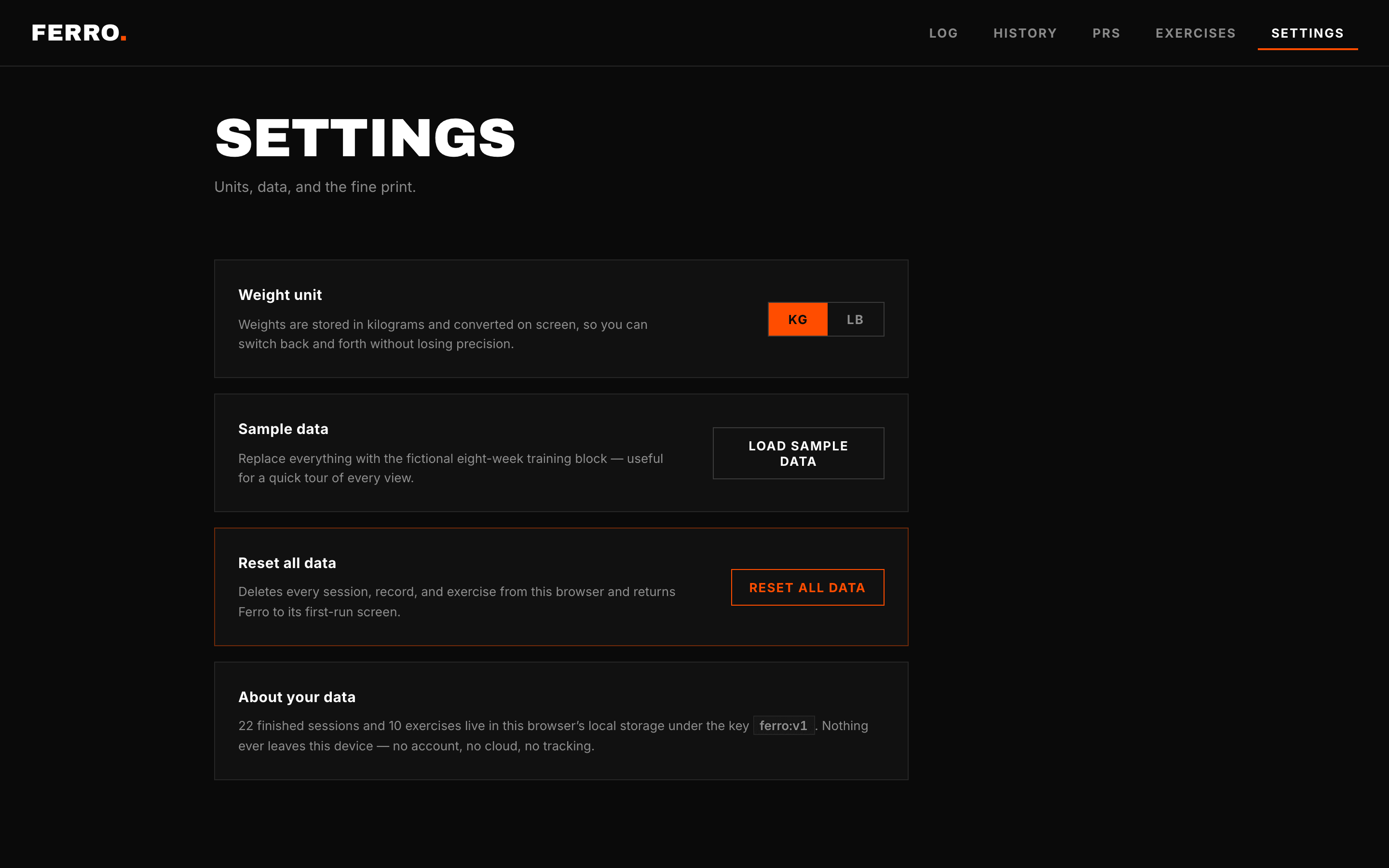 Ferro — Settings · Units, data, reset