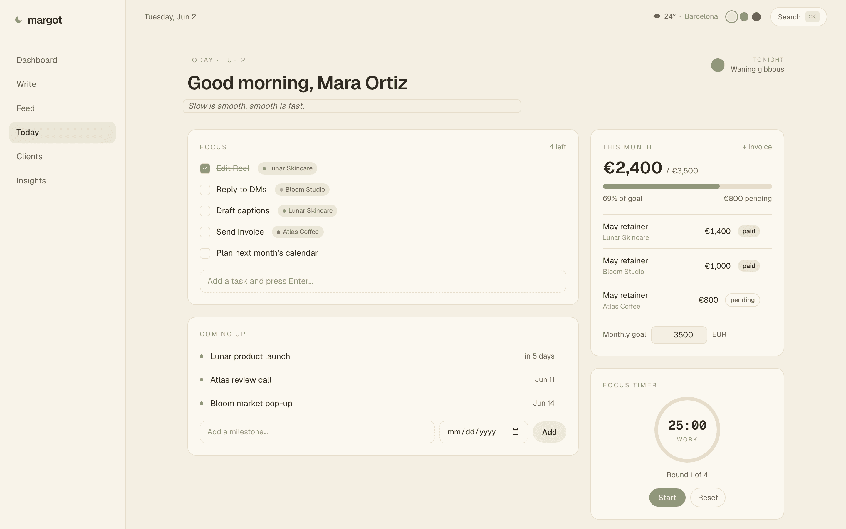 Margot — Today · Focus & income