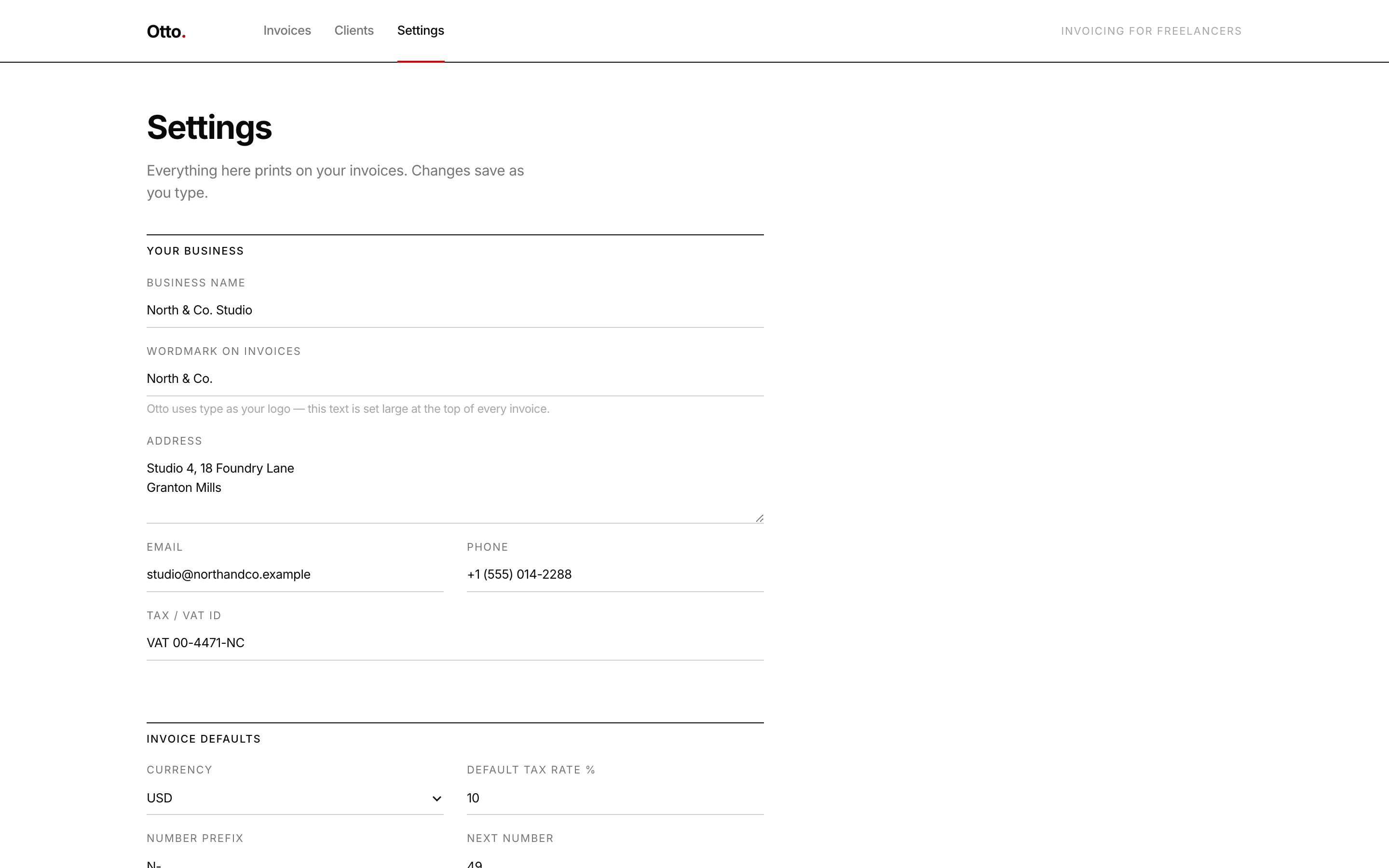 Otto — Settings · Prints on every invoice