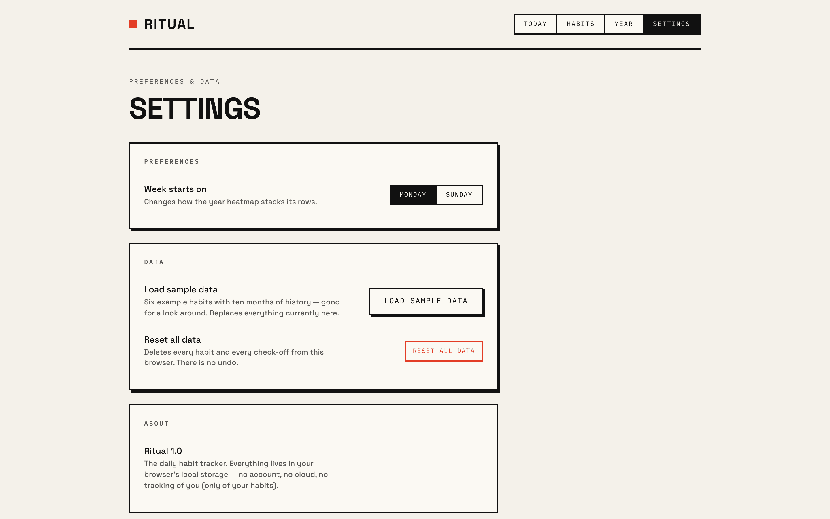 Ritual — Settings · Week start & reset
