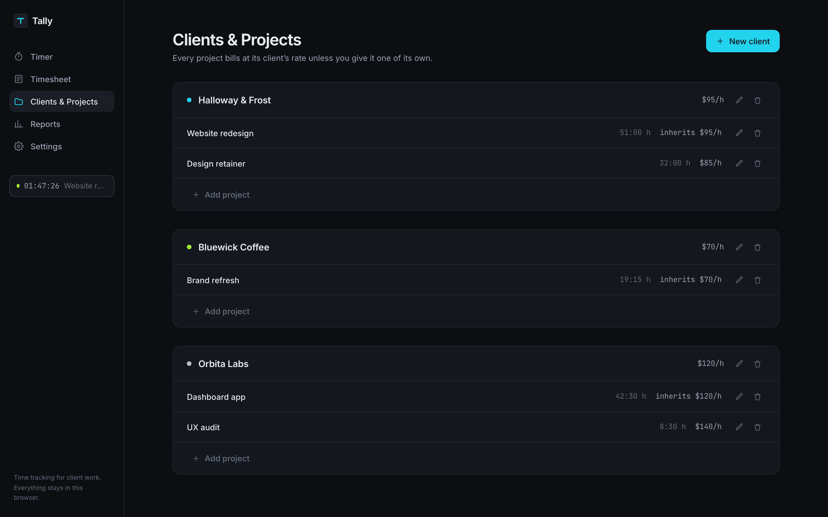 Tally — Clients & Projects · Rates