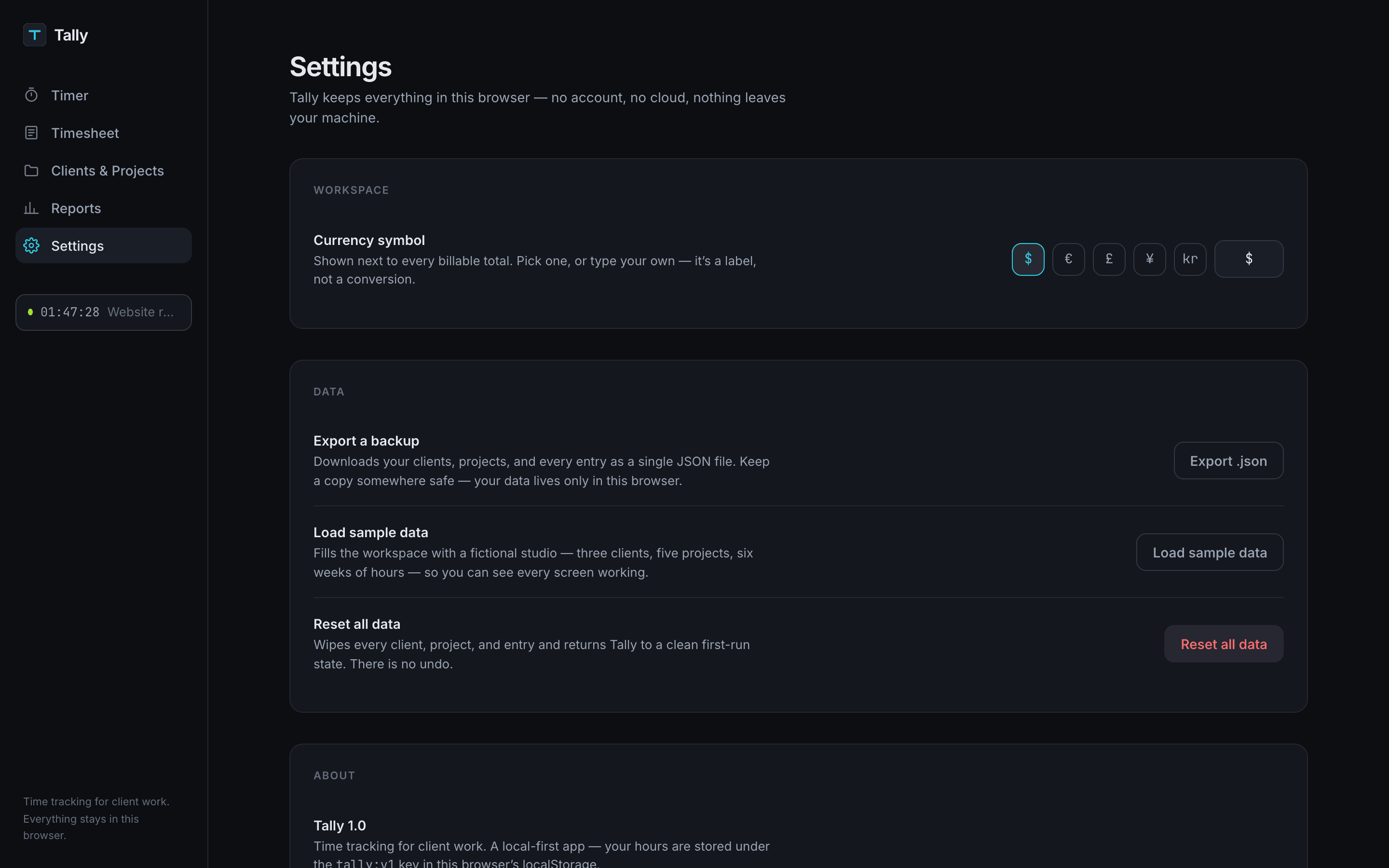 Tally — Settings · Currency & backup
