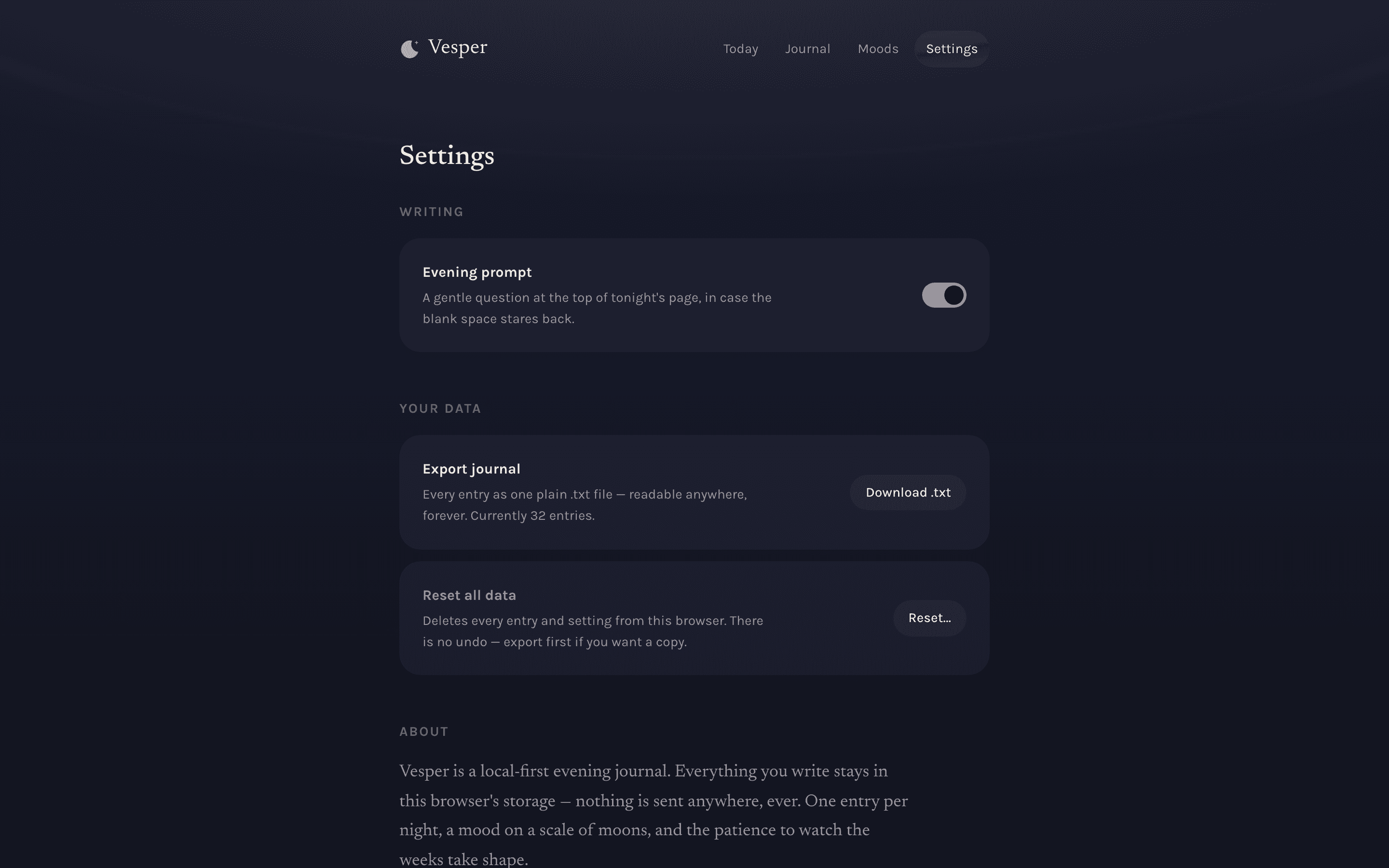 Vesper — Settings · Prompt, export, reset
