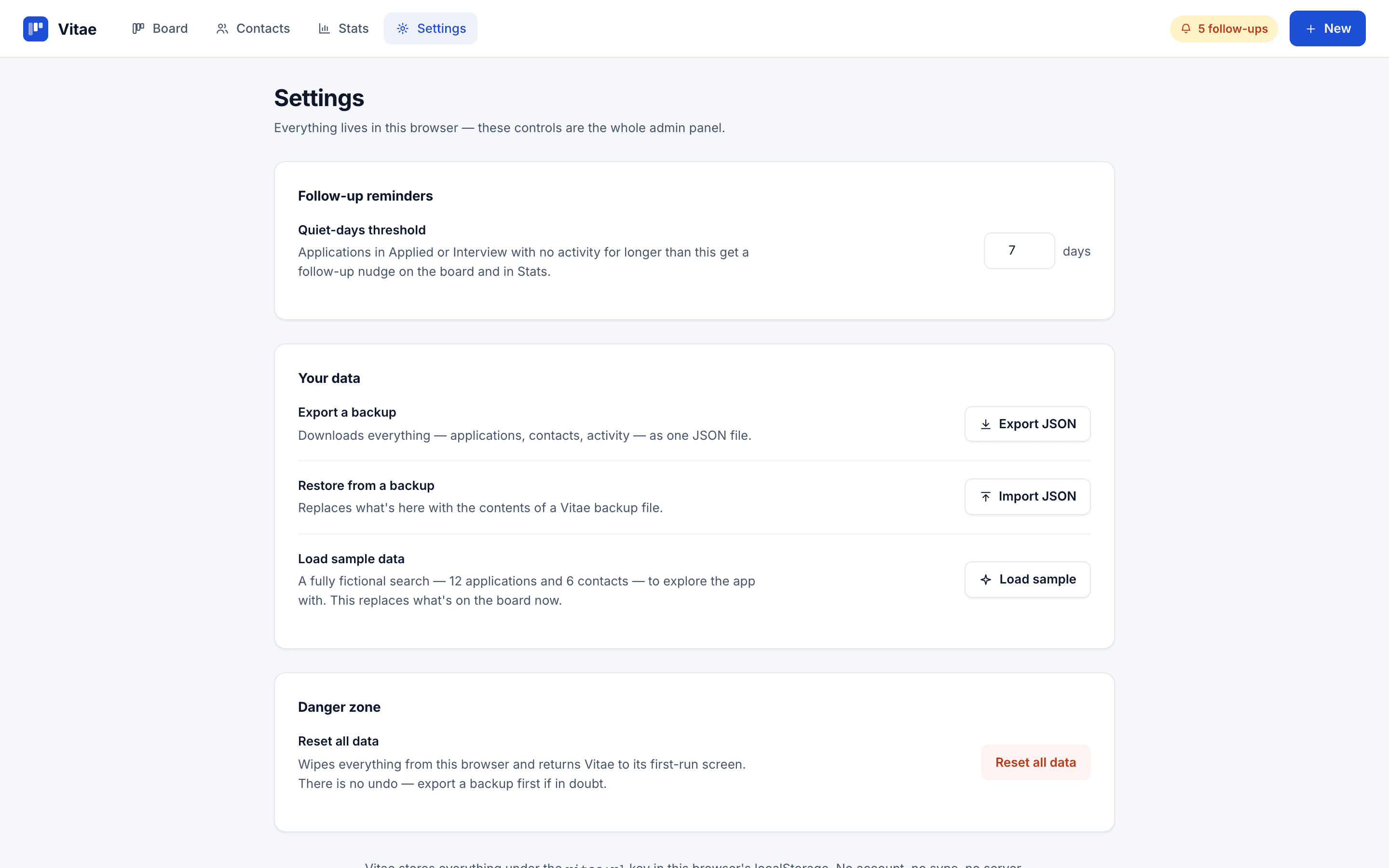 Vitae — Settings · Backup, sample data, reset