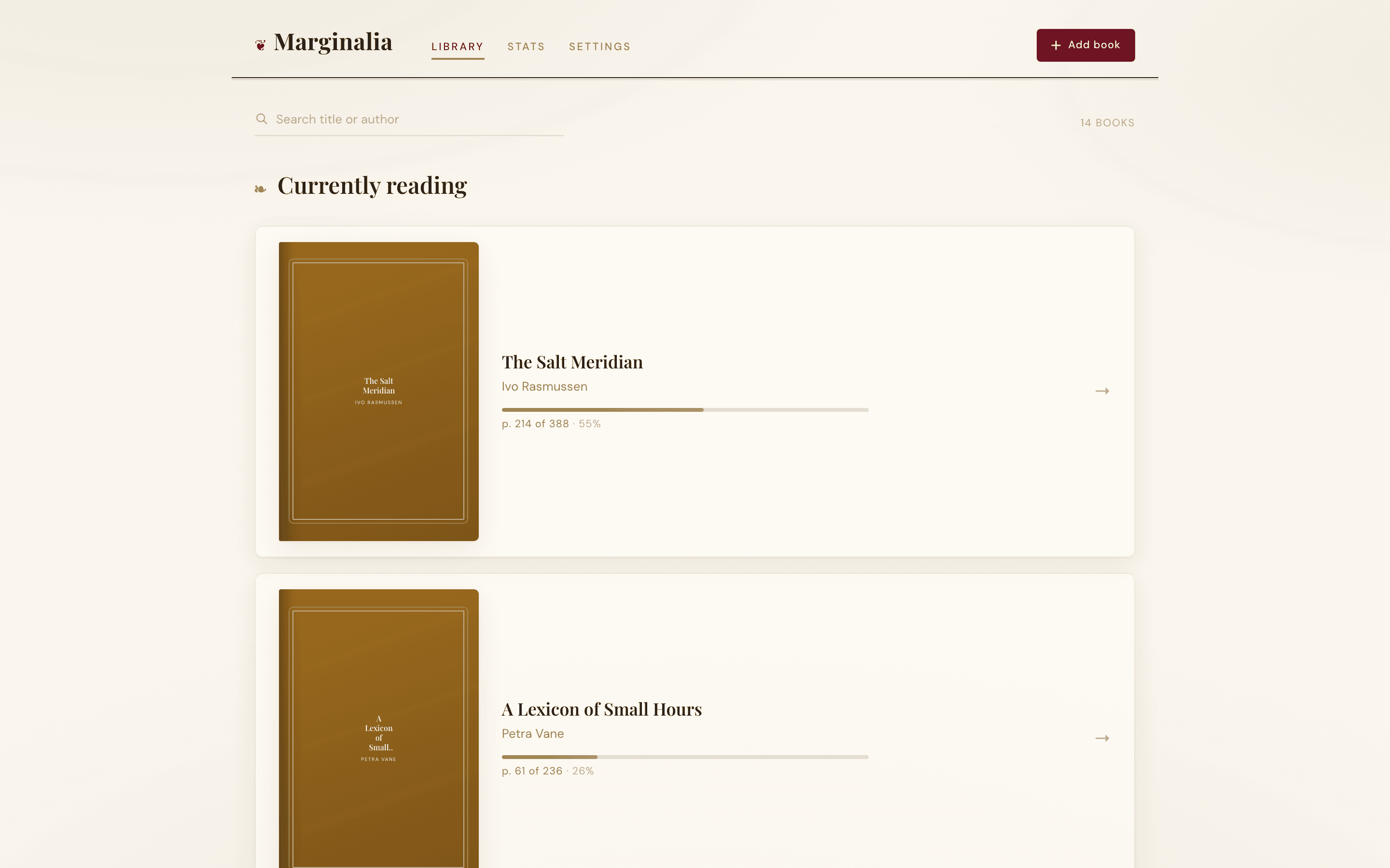 Marginalia — The library — currently reading, with progress at a glance