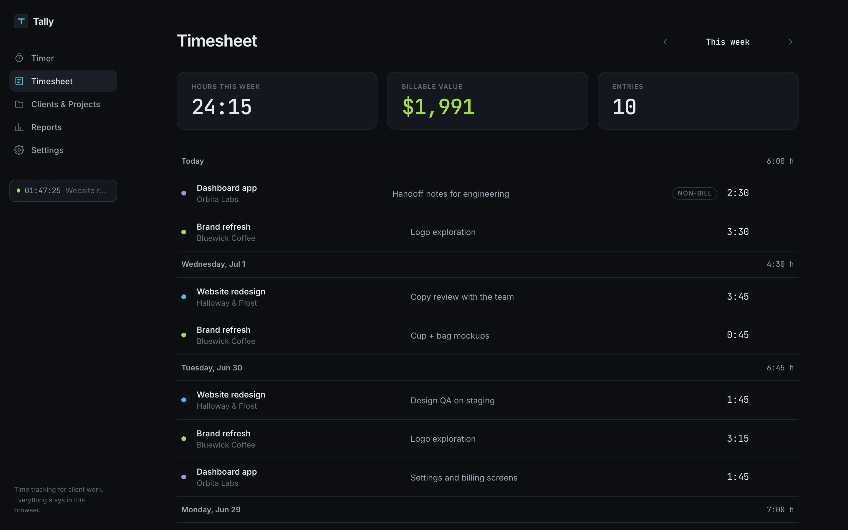 Tally — Timesheet · This week